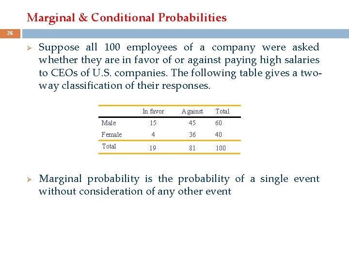 Marginal & Conditional Probabilities 26 Ø Suppose all 100 employees of a company were