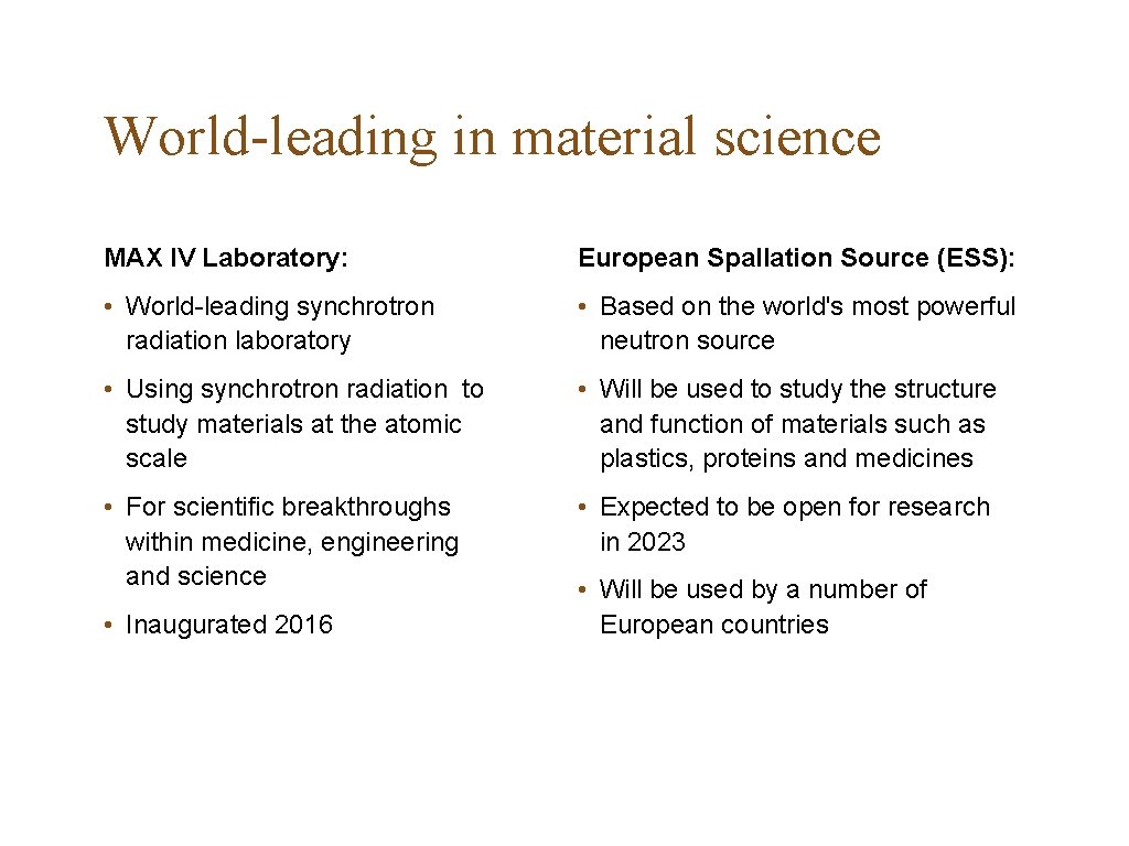 World-leading in material science MAX IV Laboratory: European Spallation Source (ESS): • World-leading synchrotron