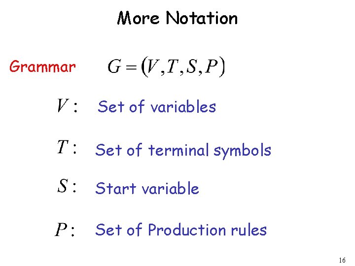 More Notation Grammar Set of variables Set of terminal symbols Start variable Set of