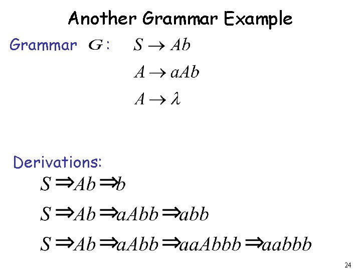 Another Grammar Example Grammar : Derivations: 24 