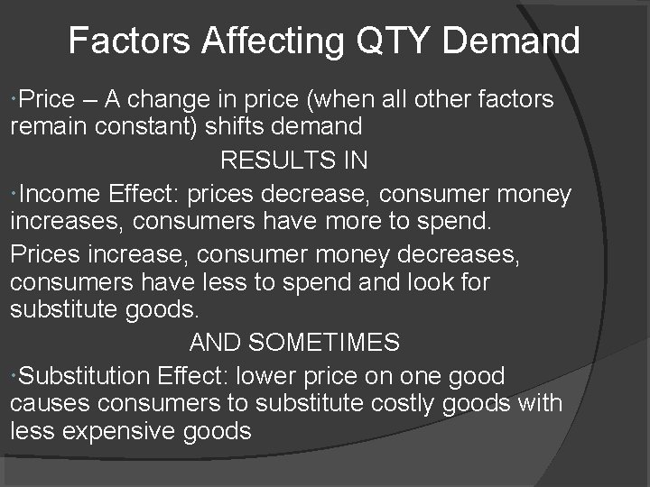 Factors Affecting QTY Demand Price – A change in price (when all other factors