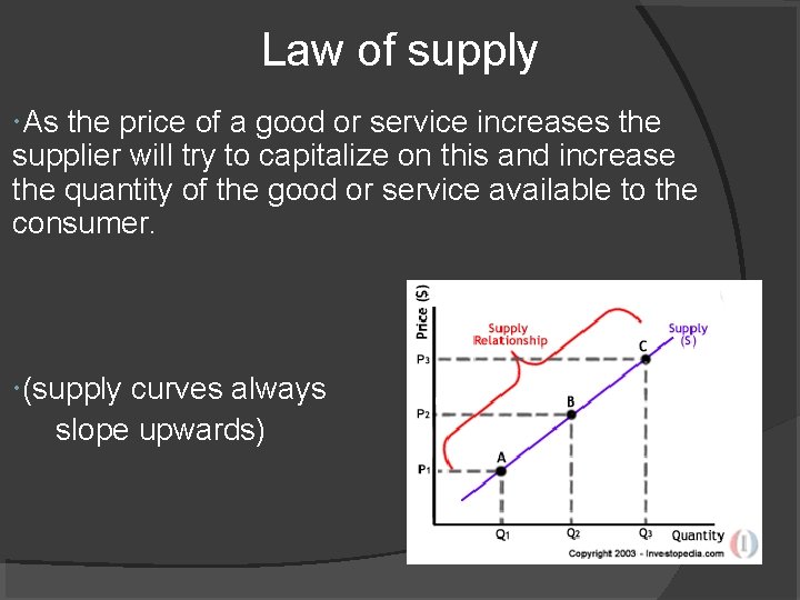 Law of supply As the price of a good or service increases the supplier