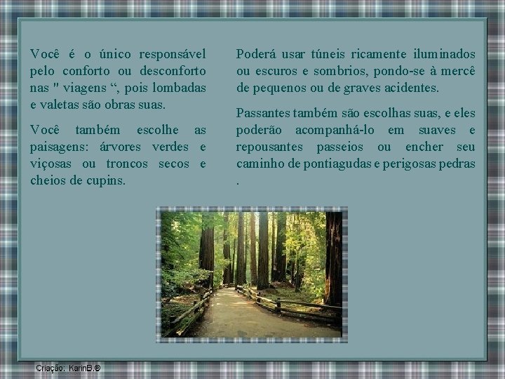 Você é o único responsável pelo conforto ou desconforto nas " viagens “, pois