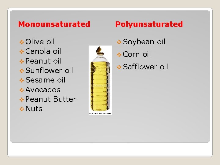 Monounsaturated Polyunsaturated v Olive v Soybean oil v Canola oil v Peanut oil v