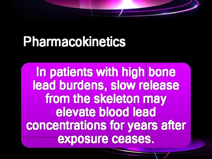 Pharmacokinetics In patients with high bone lead burdens, slow release from the skeleton may