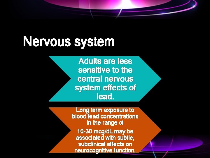 Nervous system Adults are less sensitive to the central nervous system effects of lead.