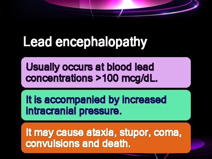 Lead encephalopathy Usually occurs at blood lead concentrations >100 mcg/d. L. It is accompanied