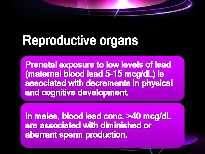 Reproductive organs Prenatal exposure to low levels of lead (maternal blood lead 5 -15