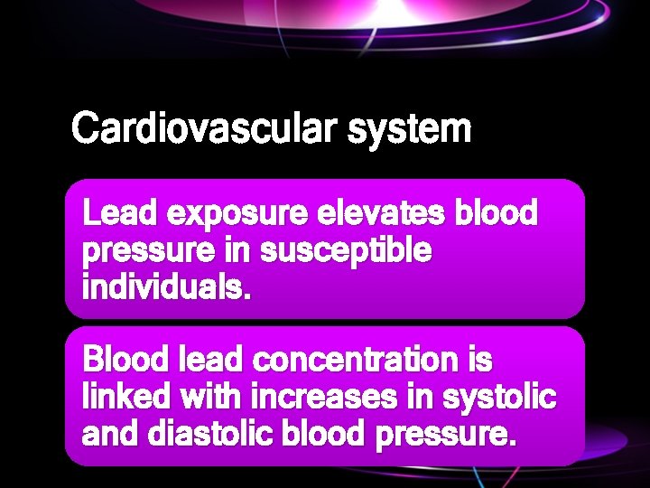 Cardiovascular system Lead exposure elevates blood pressure in susceptible individuals. Blood lead concentration is