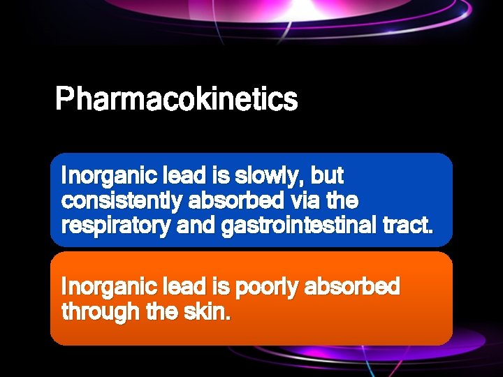 Pharmacokinetics Inorganic lead is slowly, but consistently absorbed via the respiratory and gastrointestinal tract.