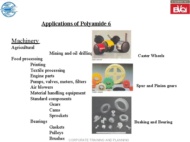 Applications of Polyamide 6 Machinery Agricultural Mining and oil drilling Food processing Printing Textile