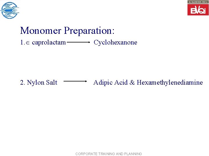 Monomer Preparation: 1. caprolactam Cyclohexanone 2. Nylon Salt Adipic Acid & Hexamethylenediamine CORPORATE TRAINING