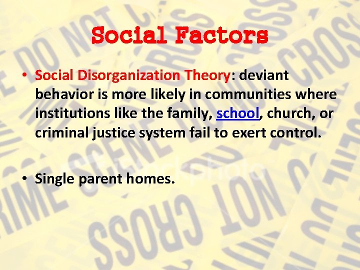 Social Factors • Social Disorganization Theory: deviant behavior is more likely in communities where