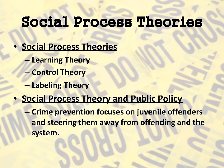 Social Process Theories • Social Process Theories – Learning Theory – Control Theory –