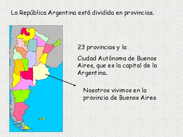 La República Argentina está dividida en provincias. 23 provincias y la Ciudad Autónoma de