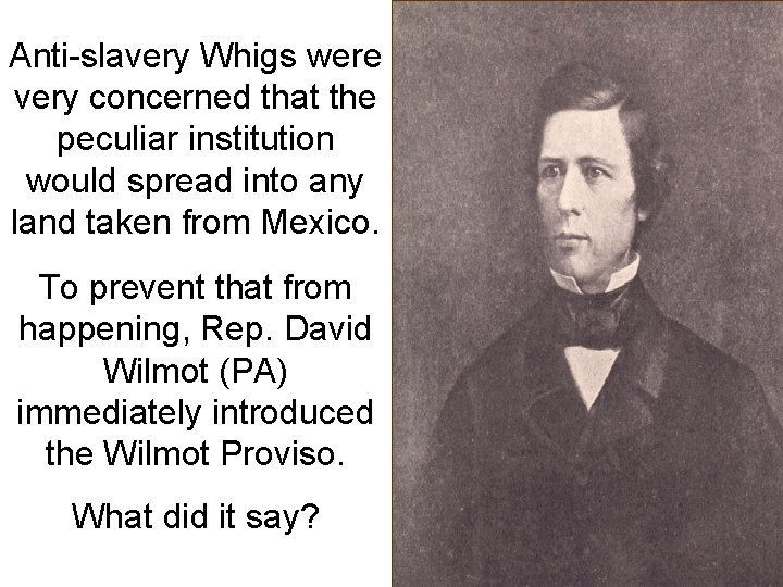 Anti-slavery Whigs were very concerned that the peculiar institution would spread into any land