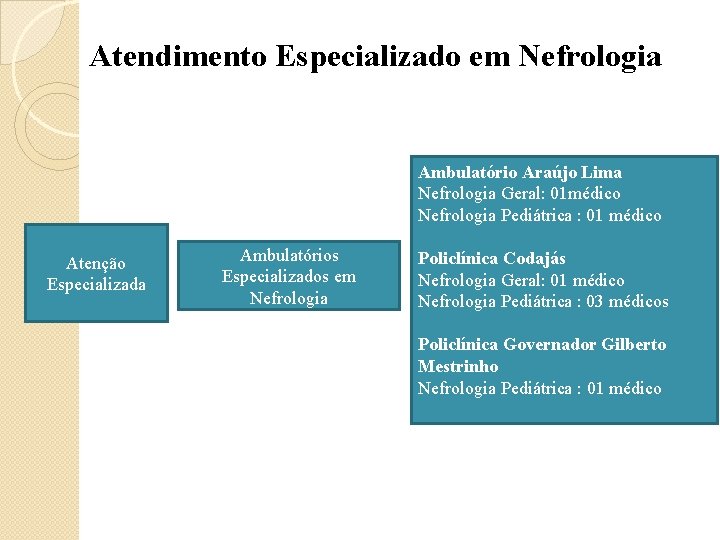 Atendimento Especializado em Nefrologia Ambulatório Araújo Lima Nefrologia Geral: 01 médico Nefrologia Pediátrica :