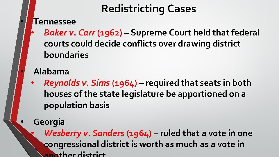 Redistricting Cases • Tennessee • Baker v. Carr (1962) – Supreme Court held that