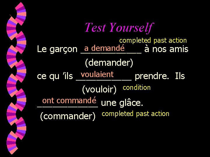 Test Yourself completed past action a demandé Le garçon ______ à nos amis (demander)