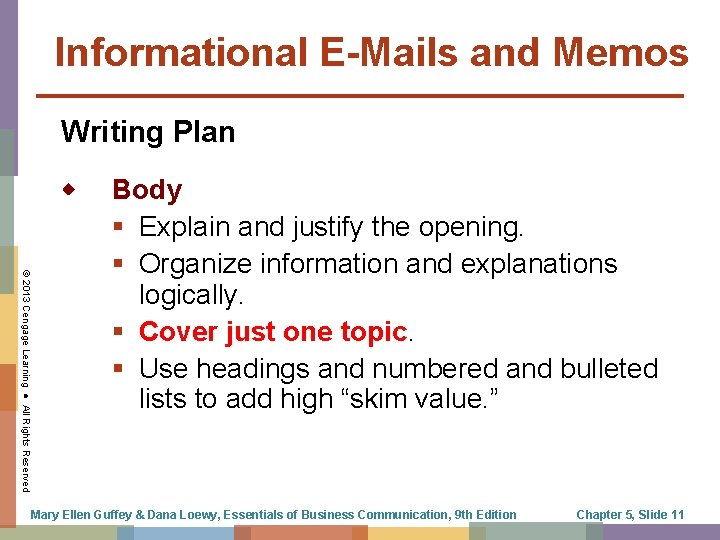 Informational E-Mails and Memos Writing Plan © 2013 Cengage Learning ● All Rights Reserved
