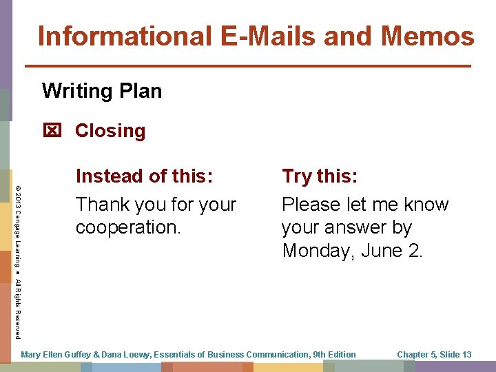Informational E-Mails and Memos Writing Plan Closing © 2013 Cengage Learning ● All Rights