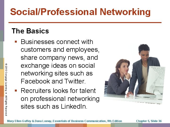 Social/Professional Networking The Basics © 2013 Cengage Learning ● All Rights Reserved § Businesses
