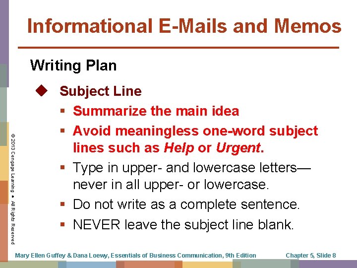 Informational E-Mails and Memos Writing Plan © 2013 Cengage Learning ● All Rights Reserved