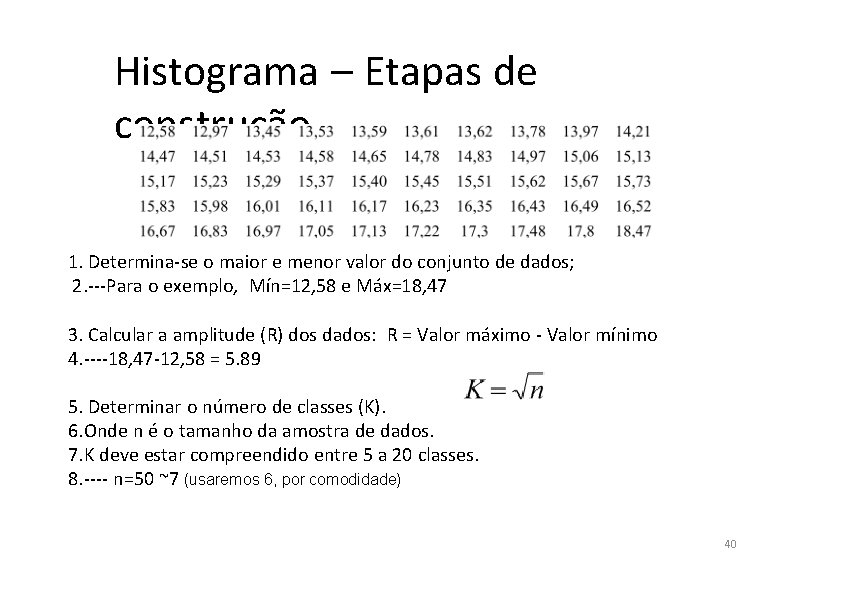 Histograma – Etapas de construção 1. Determina-se o maior e menor valor do conjunto