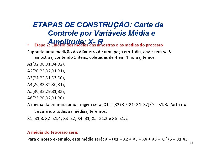 ETAPAS DE CONSTRUÇÃO: Carta de Controle por Variáveis Média e Amplitude: R Etapa 2: