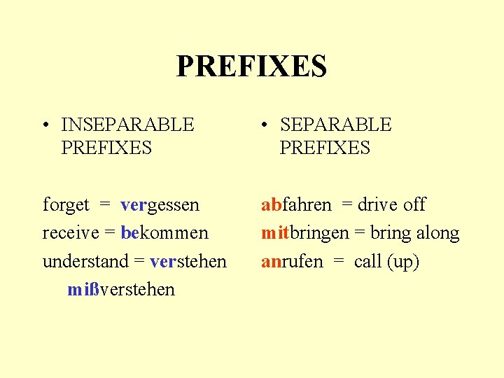 PREFIXES • INSEPARABLE PREFIXES • SEPARABLE PREFIXES forget = vergessen receive = bekommen understand