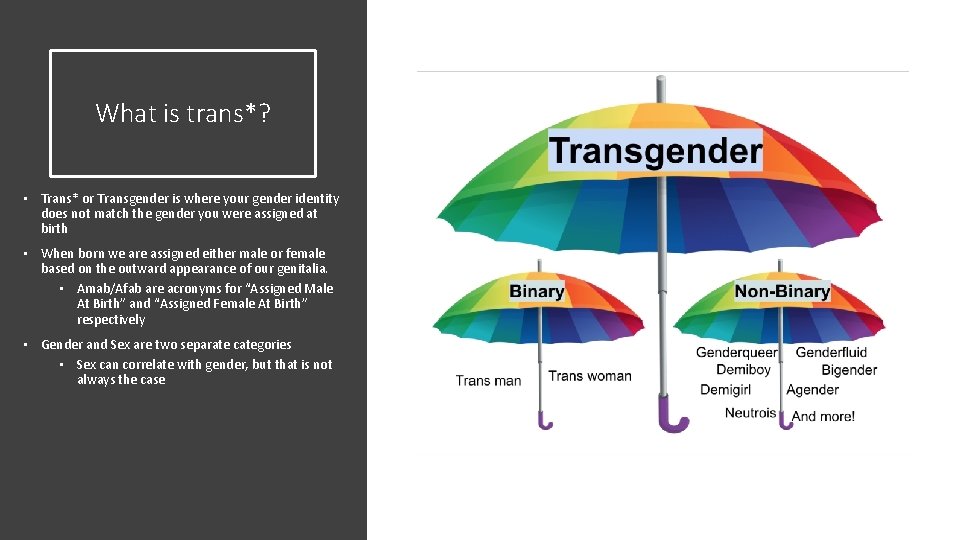 What is trans*? • Trans* or Transgender is where your gender identity does not