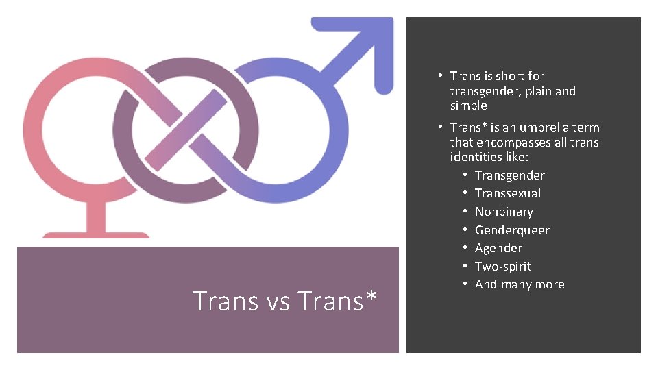  • Trans is short for transgender, plain and simple Trans vs Trans* •