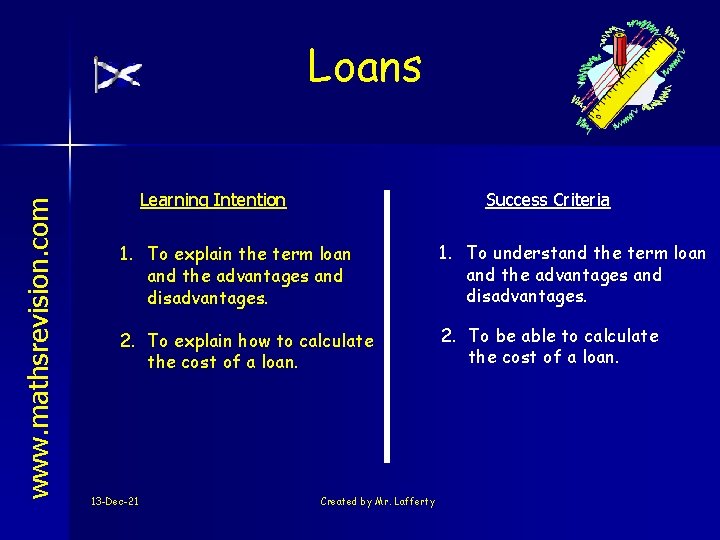 www. mathsrevision. com Loans Learning Intention Success Criteria 1. To explain the term loan