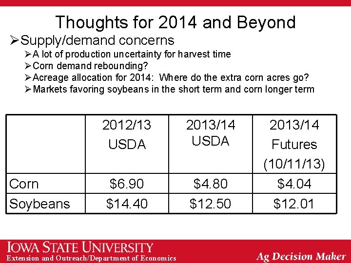Thoughts for 2014 and Beyond ØSupply/demand concerns ØA lot of production uncertainty for harvest