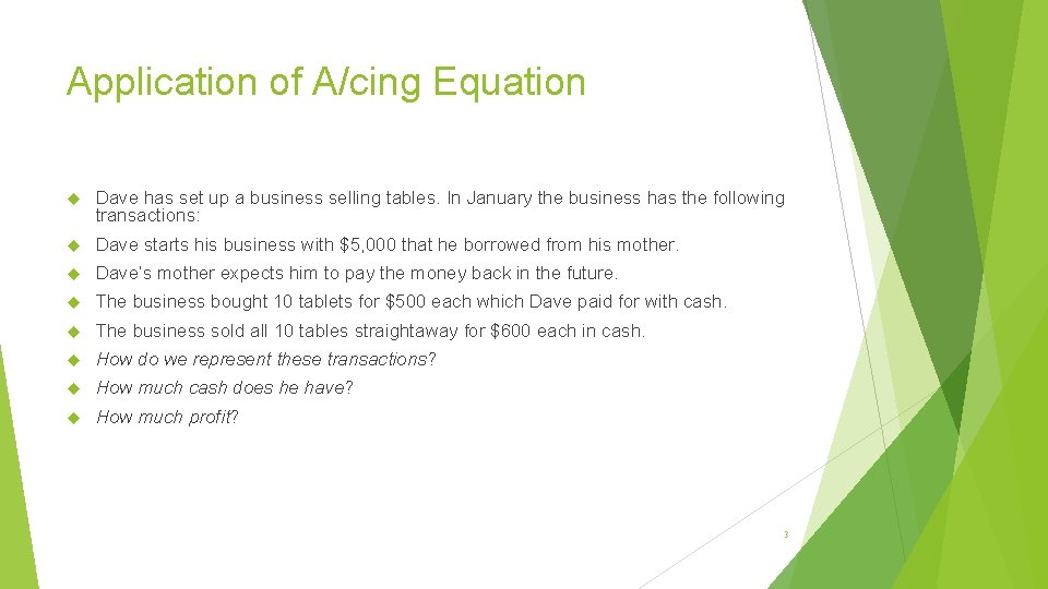 Application of A/cing Equation Dave has set up a business selling tables. In January