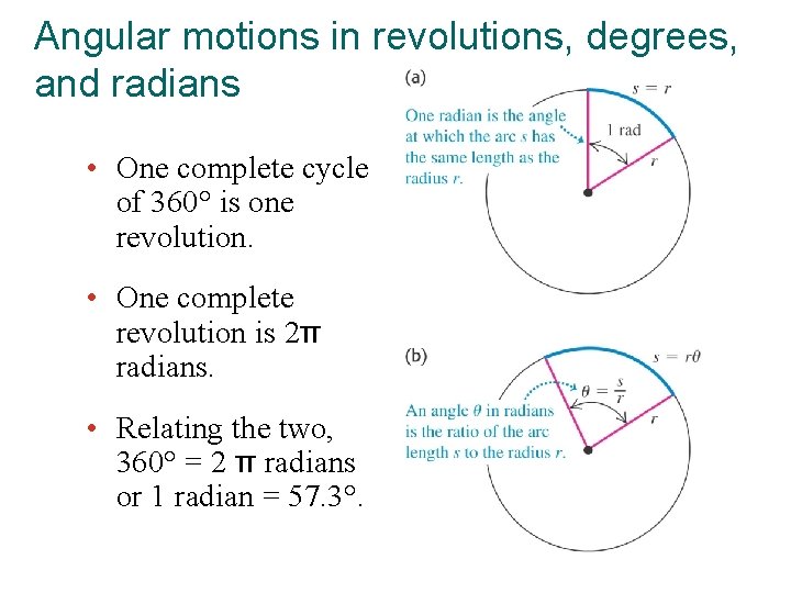 Angular motions in revolutions, degrees, and radians • One complete cycle of 360° is