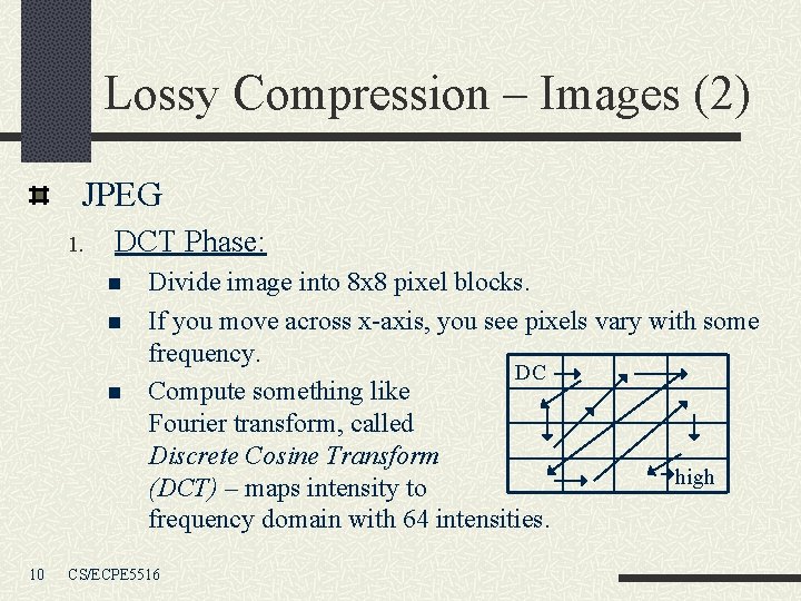 Lossy Compression – Images (2) JPEG 1. DCT Phase: n n n 10 Divide