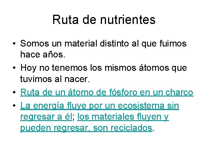 Ruta de nutrientes • Somos un material distinto al que fuimos hace años. •