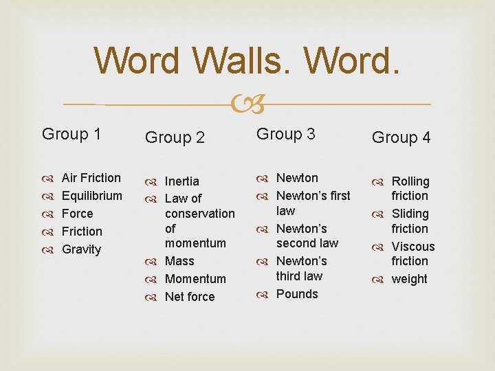Word Walls. Word. Group 1 Group 2 Group 3 Group 4 Inertia Law of