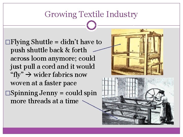 Growing Textile Industry �Flying Shuttle = didn’t have to push shuttle back & forth
