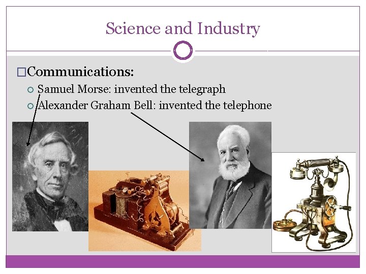 Science and Industry �Communications: Samuel Morse: invented the telegraph Alexander Graham Bell: invented the