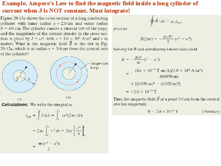 Example, Ampere’s Law to find the magnetic field inside a long cylinder of current