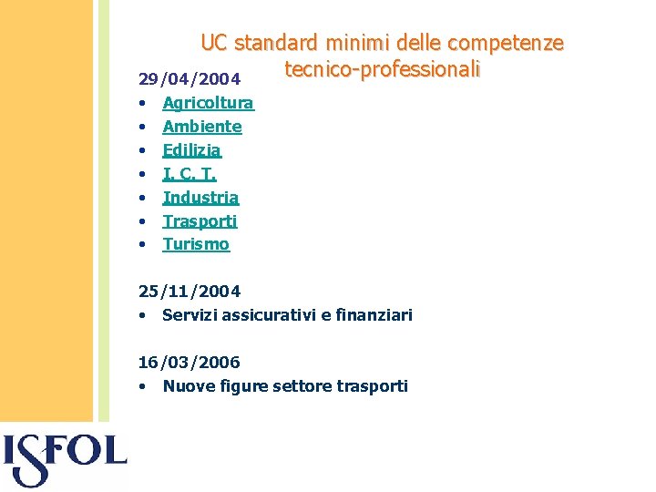 UC standard minimi delle competenze tecnico-professionali 29/04/2004 • • Agricoltura Ambiente Edilizia I. C.