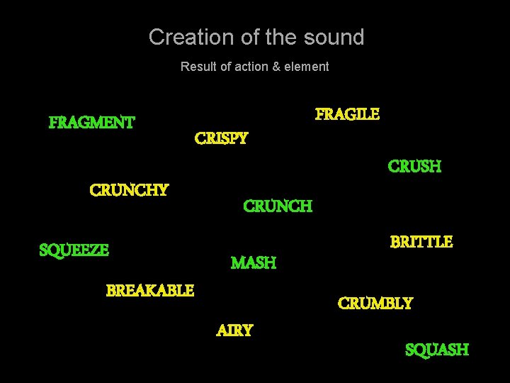 Creation of the sound Result of action & element FRAGMENT CRUNCHY SQUEEZE BREAKABLE CRISPY