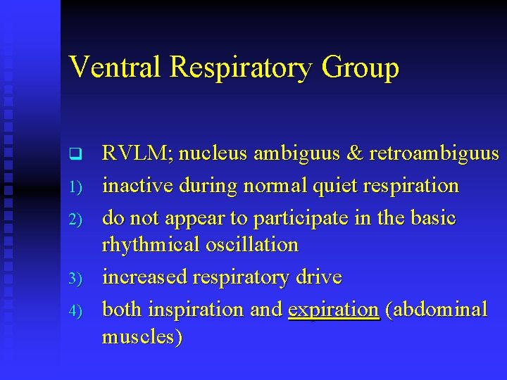 Ventral Respiratory Group q 1) 2) 3) 4) RVLM; nucleus ambiguus & retroambiguus inactive