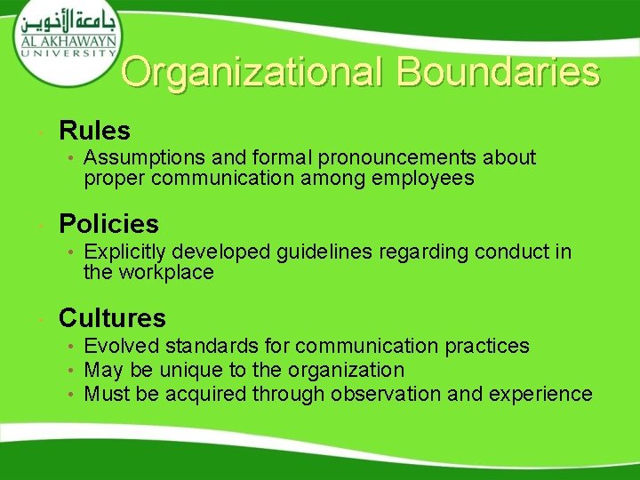 Organizational Boundaries Rules • Assumptions and formal pronouncements about proper communication among employees Policies
