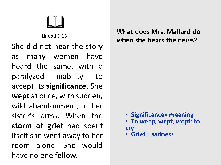 Lines 10 -13 She did not hear the story as many women have heard