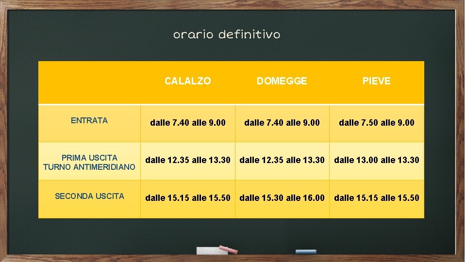 orario definitivo CALALZO DOMEGGE PIEVE ENTRATA dalle 7. 40 alle 9. 00 dalle 7.