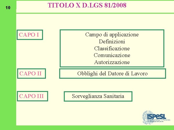 TITOLO X D. LGS 81/2008 10 CAPO I Campo di applicazione Definizioni Classificazione Comunicazione