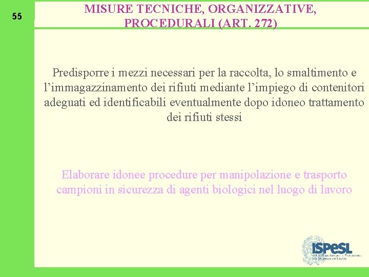 55 MISURE TECNICHE, ORGANIZZATIVE, PROCEDURALI (ART. 272) Predisporre i mezzi necessari per la raccolta,